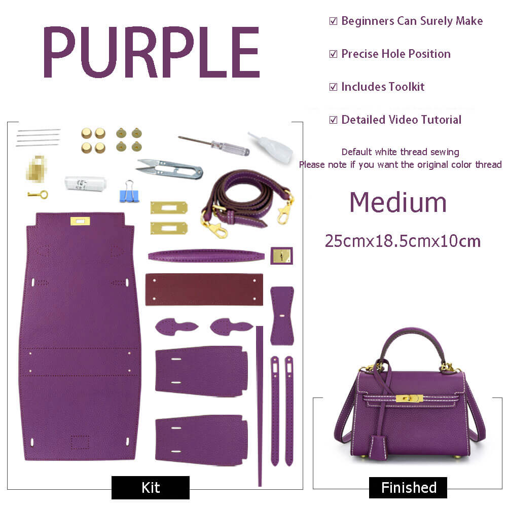 Kelly Bag Woman Red/Brown/Grey DIY Leather Bag Kit Handmade ™ - Babylon LeatherBabylon LeatherSY34-Purple-M - Gold Hardware-Lychee Pattern