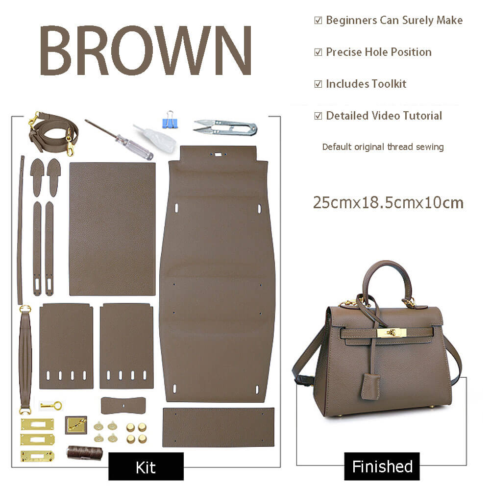 BABYLON™ Kelly Bag Oblique Hole Togo Leather DIY Kit - Babylon LeatherBabylon LeatherSY36-Brown-Gold-Togo Leather