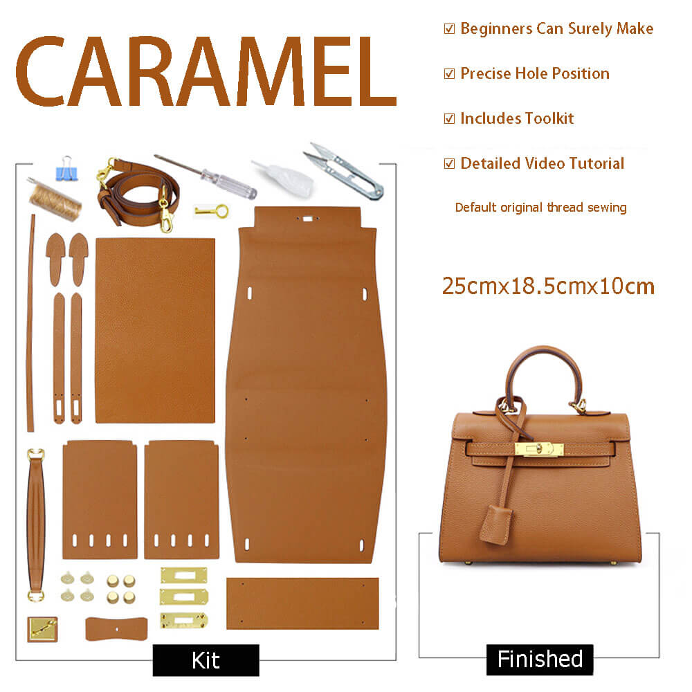 BABYLON™ Kelly Bag Oblique Hole Togo Leather DIY Kit - Babylon LeatherBabylon LeatherSY36-Caramel-Gold-Togo Leather