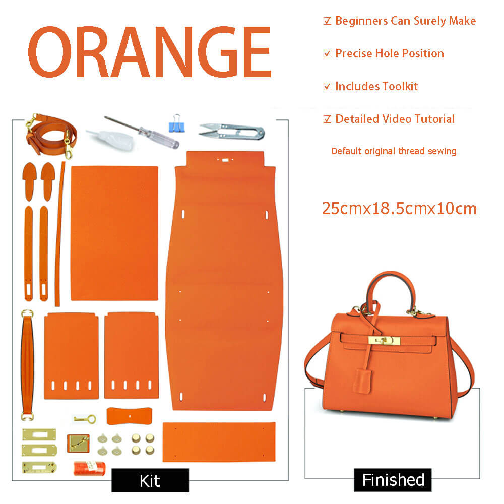 BABYLON™ Kelly Bag Oblique Hole Togo Leather DIY Kit - Babylon LeatherBabylon LeatherSY36-Orange-Gold-Togo Leather