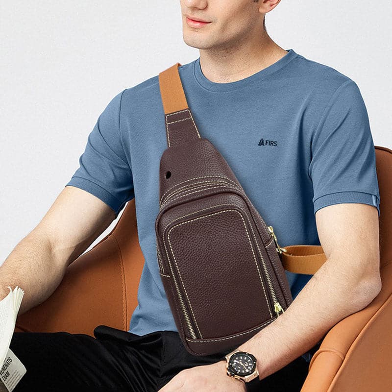 Leathario Men's Leather Sling bag Chest bag One shoulder bag Cros