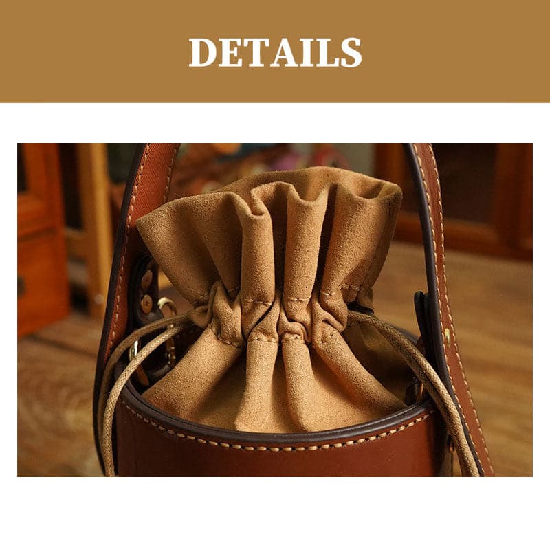 Brown Genuine Leather Top Handle Bucket Bag
